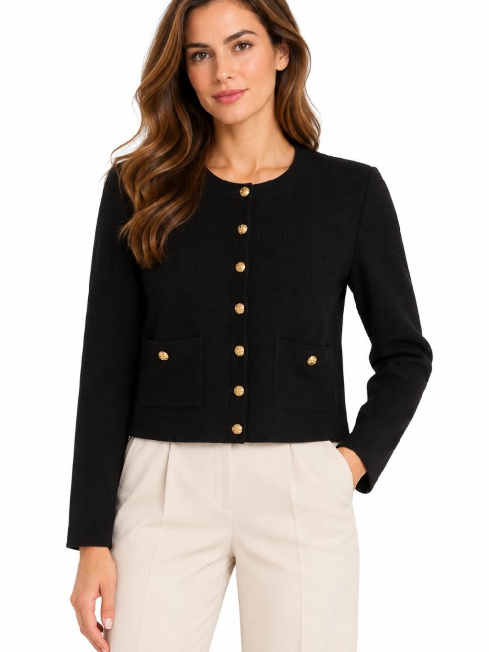 ZARA Black Knit Cardigan Gold Crest Buttons Front Pockets Size S